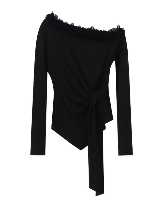 AIXILI Asymmetrical Lace Panel Waist-Tie Knit Top