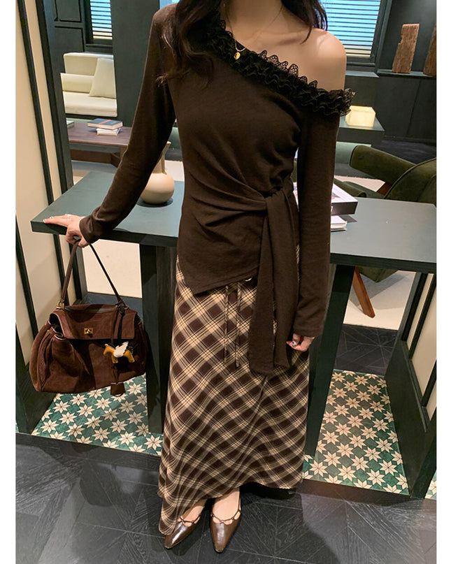 AIXILI Asymmetrical Lace Panel Waist-Tie Knit Top