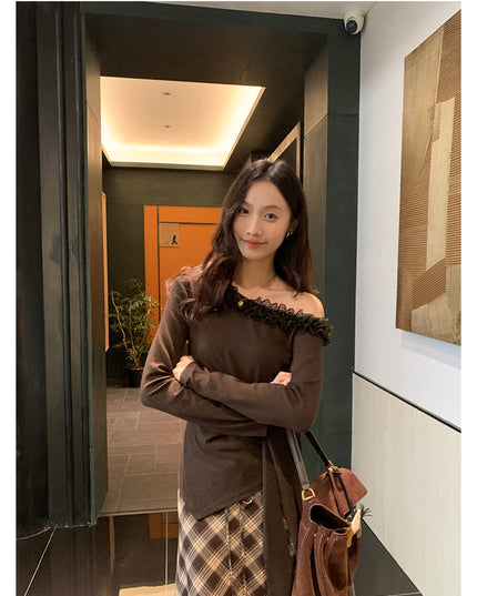 AIXILI Asymmetrical Lace Panel Waist-Tie Knit Top