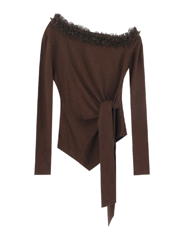 AIXILI Asymmetrical Lace Panel Waist-Tie Knit Top