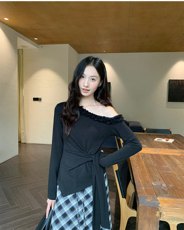 AIXILI Asymmetrical Lace Panel Waist-Tie Knit Top