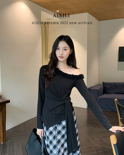 AIXILI Asymmetrical Lace Panel Waist-Tie Knit Top