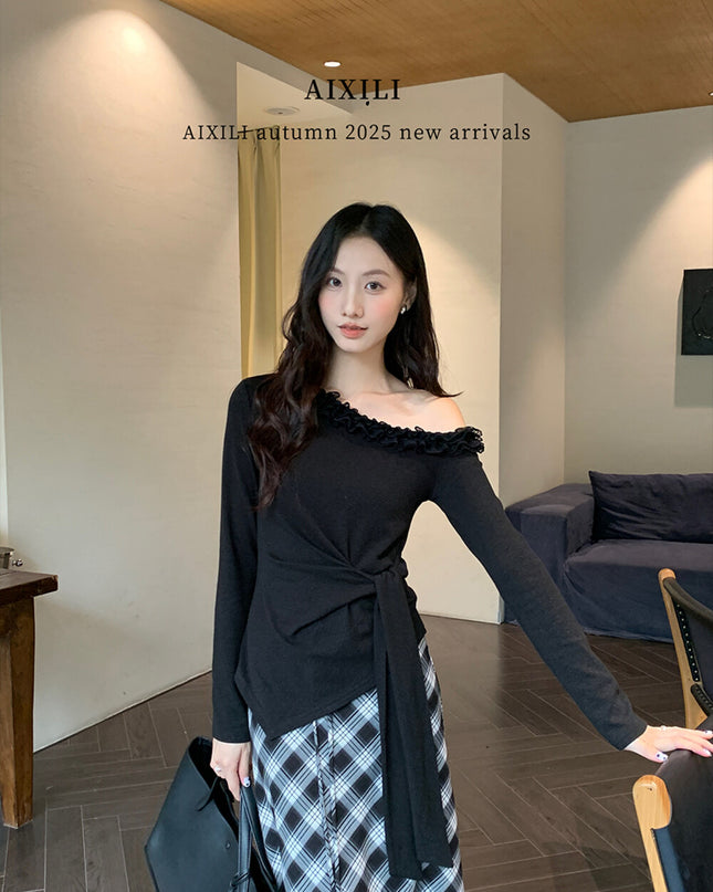 AIXILI Asymmetrical Lace Panel Waist-Tie Knit Top