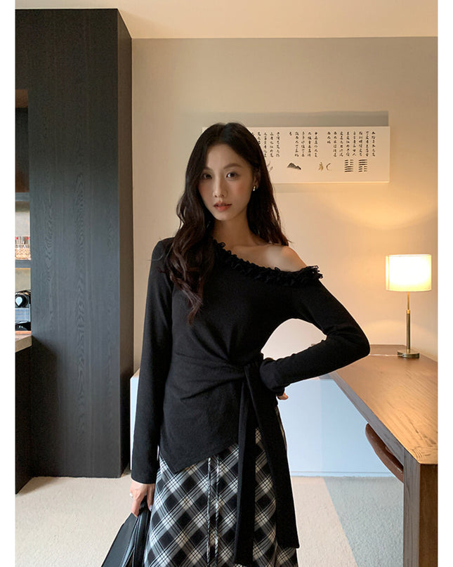 AIXILI Asymmetrical Lace Panel Waist-Tie Knit Top