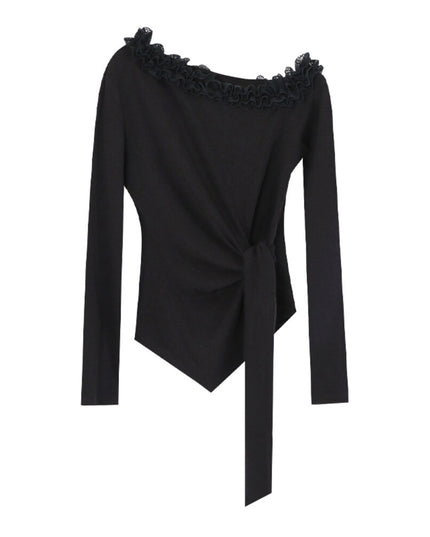 AIXILI Asymmetrical Lace Panel Waist-Tie Knit Top