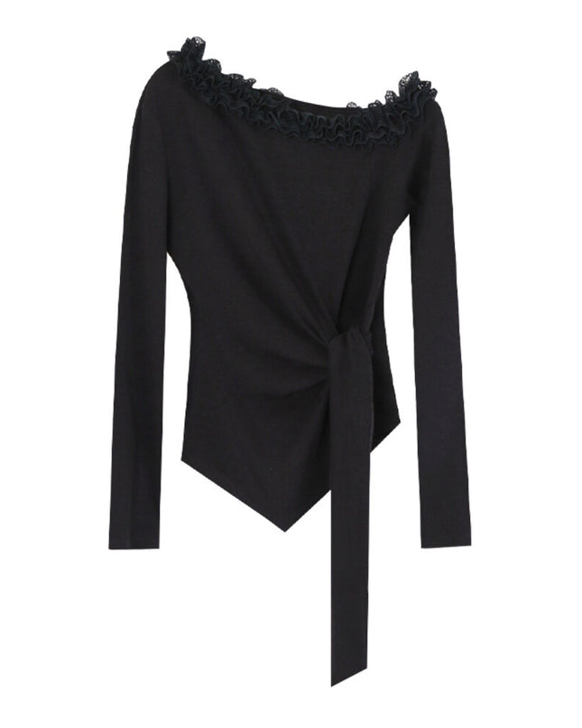 AIXILI Asymmetrical Lace Panel Waist-Tie Knit Top