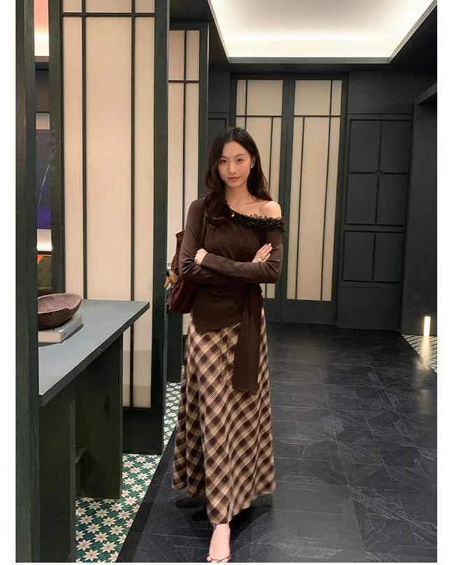 AIXILI Asymmetrical Lace Panel Waist-Tie Knit Top