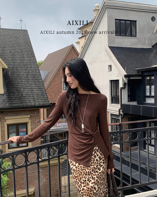 AIXILI Twist-Front Slim-Fit Knit Long Sleeve Top