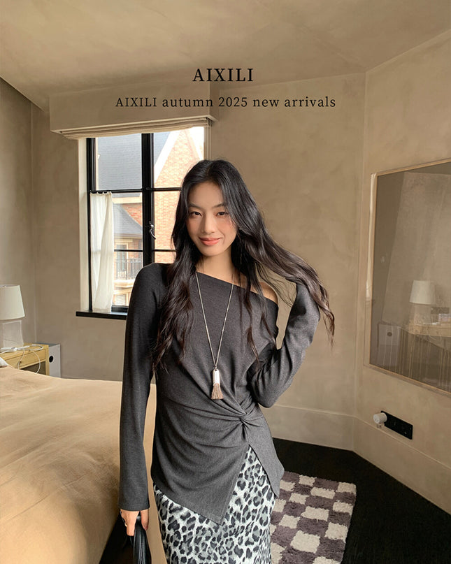 AIXILI Twist-Front Slim-Fit Knit Long Sleeve Top