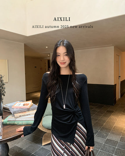 AIXILI Twist-Front Slim-Fit Knit Long Sleeve Top