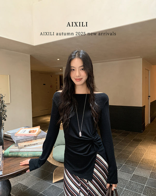 AIXILI Twist-Front Slim-Fit Knit Long Sleeve Top
