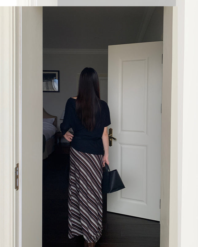AIXILI Striped Drape High-Waist Maxi Skirt