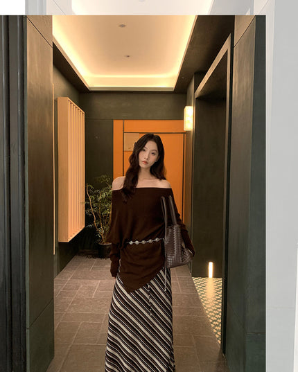 AIXILI Striped Drape High-Waist Maxi Skirt