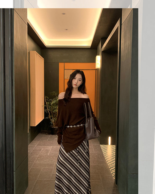 AIXILI Striped Drape High-Waist Maxi Skirt