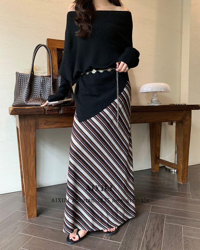 AIXILI Striped Drape High-Waist Maxi Skirt