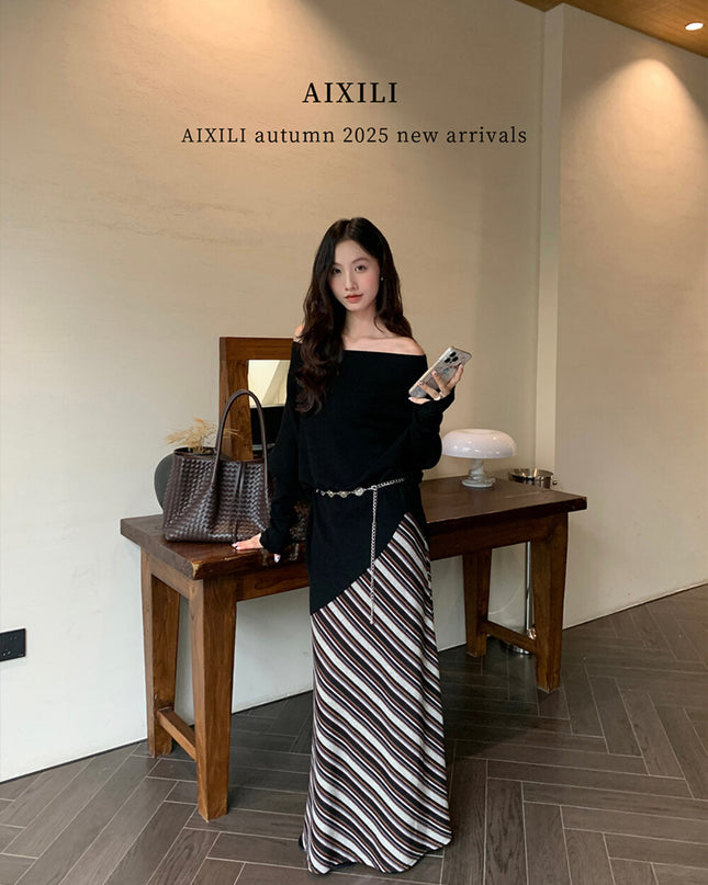 AIXILI Striped Drape High-Waist Maxi Skirt
