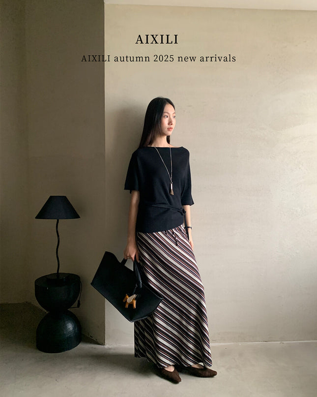 AIXILI Striped Drape High-Waist Maxi Skirt