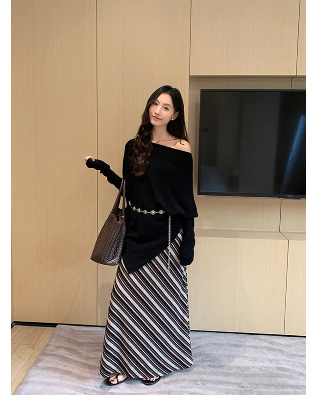 AIXILI Striped Drape High-Waist Maxi Skirt