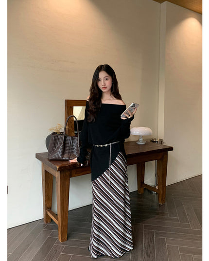 AIXILI Striped Drape High-Waist Maxi Skirt