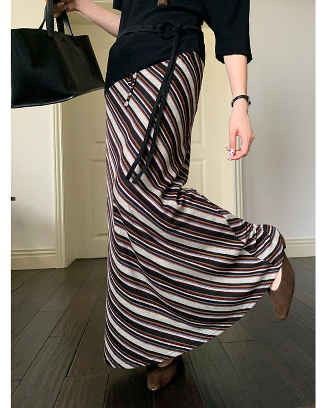 AIXILI Striped Drape High-Waist Maxi Skirt
