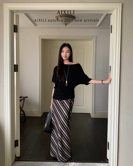 AIXILI Striped Drape High-Waist Maxi Skirt