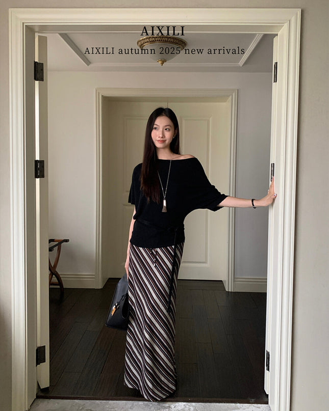 AIXILI Striped Drape High-Waist Maxi Skirt