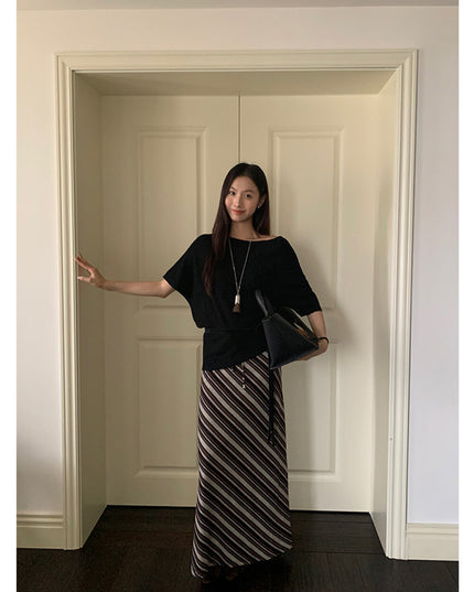 AIXILI Striped Drape High-Waist Maxi Skirt