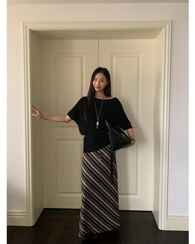 AIXILI Striped Drape High-Waist Maxi Skirt