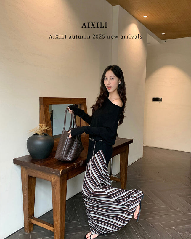 AIXILI Striped Drape High-Waist Maxi Skirt