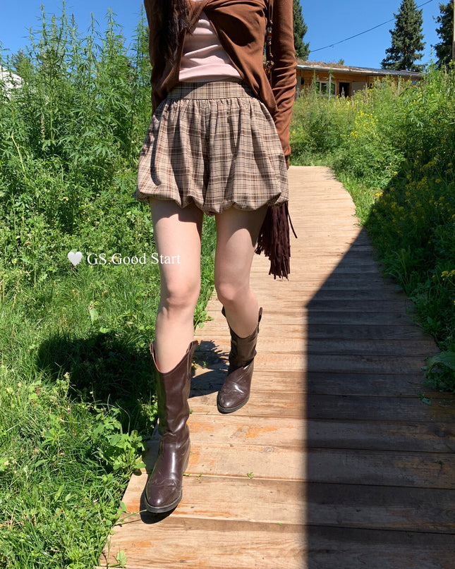 GS.GOOD START Sweet Plaid Bubble Skirt Shorts