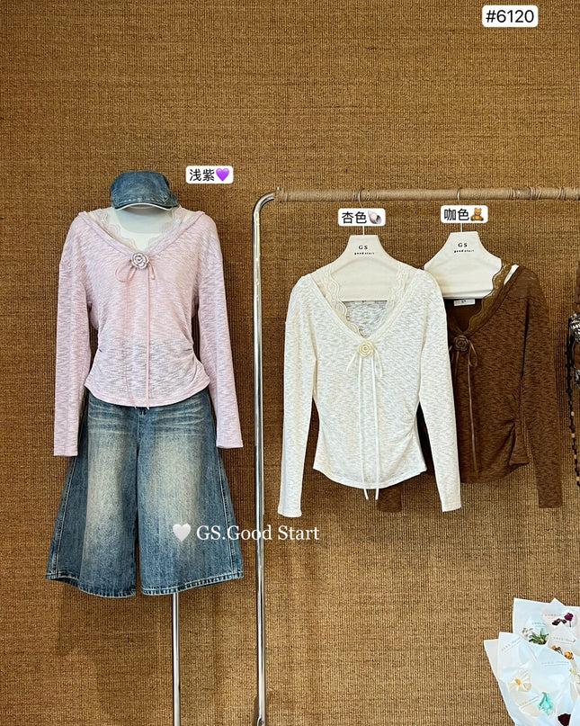 GS.GOOD START Lace Panel Sweet Blouse with Detachable Floral Brooch