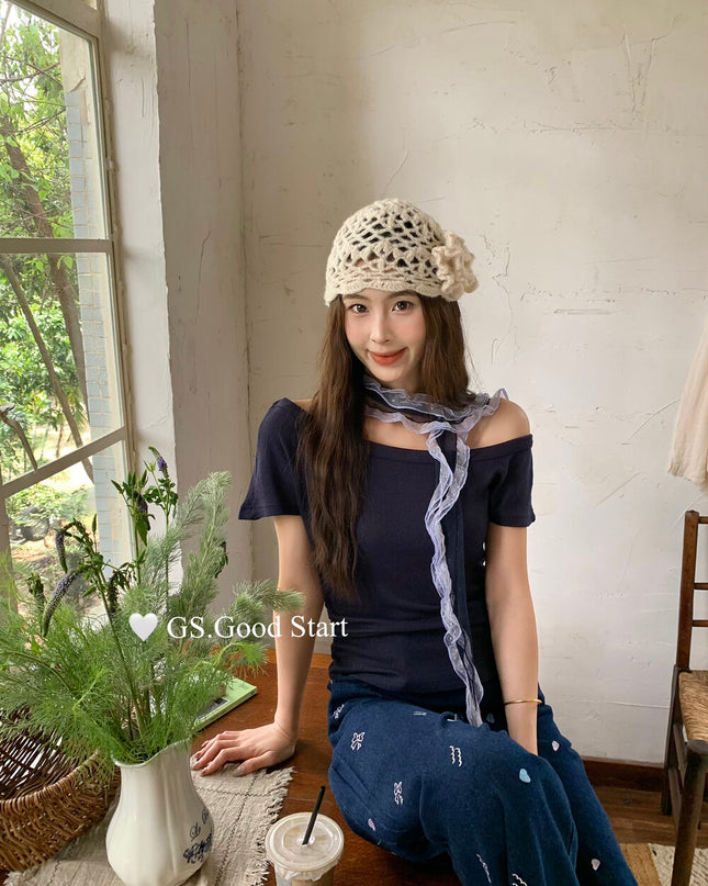GS.GOOD START Off-Shoulder Short Sleeve Top with Detachable Ribbon