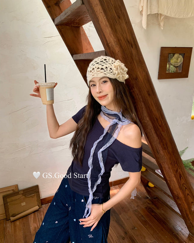 GS.GOOD START Off-Shoulder Short Sleeve Top with Detachable Ribbon