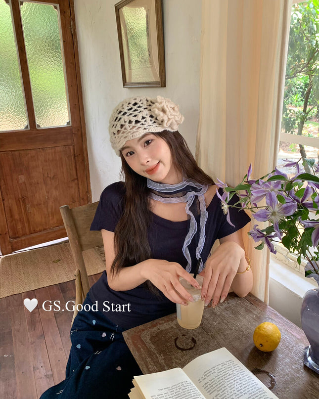GS.GOOD START Off-Shoulder Short Sleeve Top with Detachable Ribbon