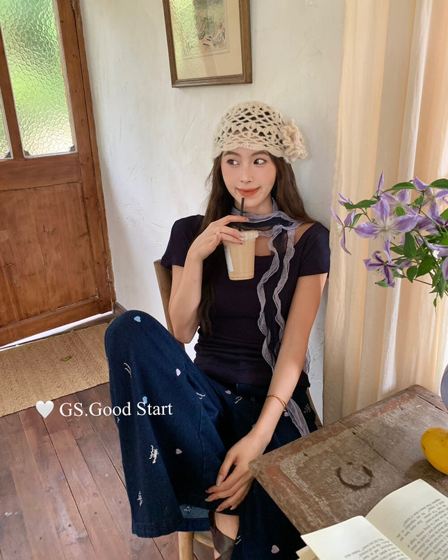 GS.GOOD START Off-Shoulder Short Sleeve Top with Detachable Ribbon