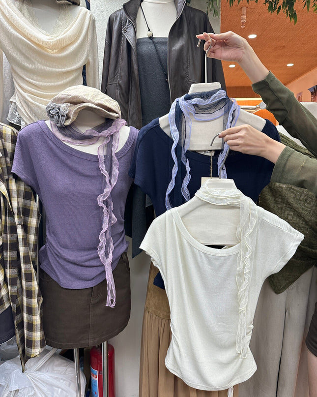 GS.GOOD START Off-Shoulder Short Sleeve Top with Detachable Ribbon