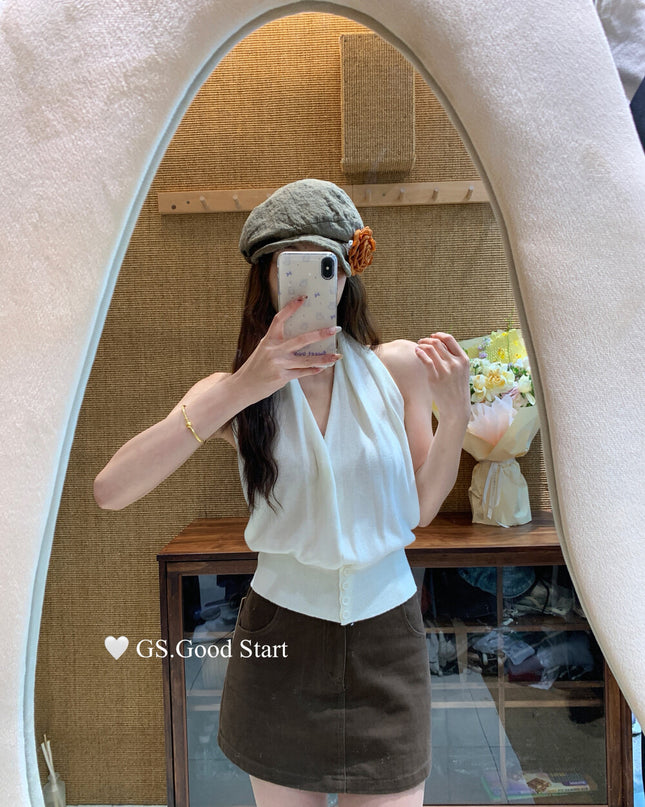 GS.GOOD START Halter V-Neck Backless Knit Tank (Wool Blend)