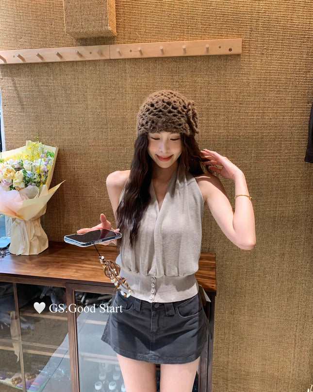 GS.GOOD START Halter V-Neck Backless Knit Tank (Wool Blend)