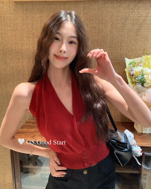GS.GOOD START Halter V-Neck Backless Knit Tank (Wool Blend)