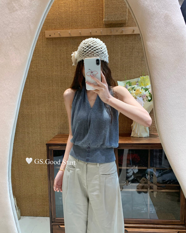 GS.GOOD START Halter V-Neck Backless Knit Tank (Wool Blend)