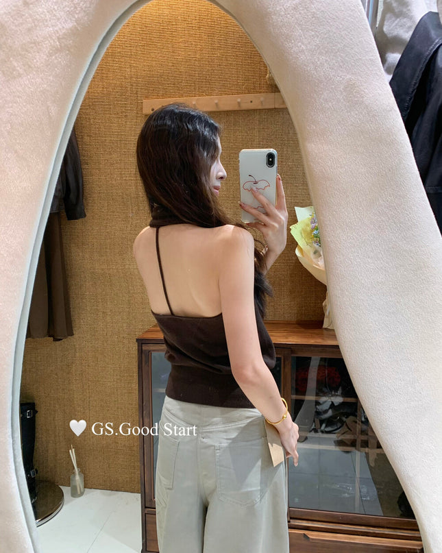 GS.GOOD START Halter V-Neck Backless Knit Tank (Wool Blend)