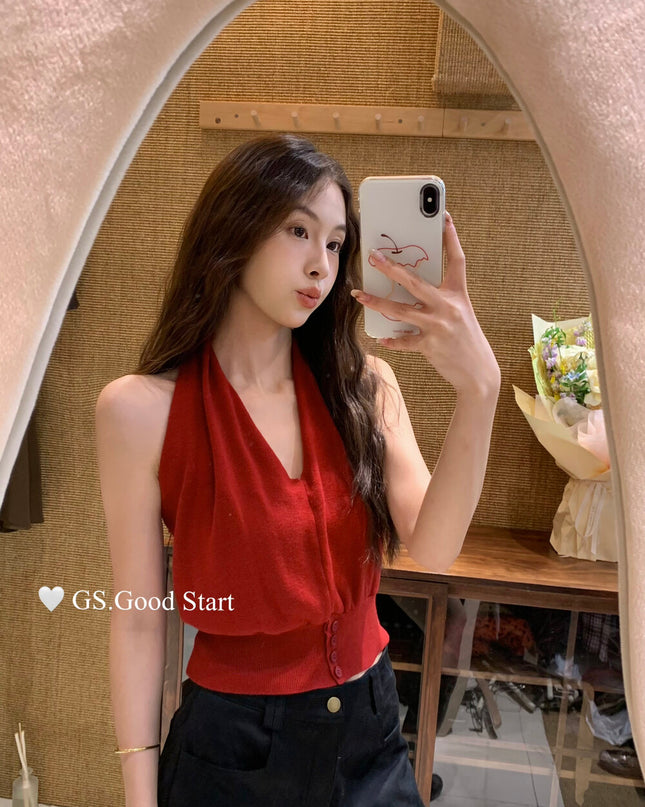 GS.GOOD START Halter V-Neck Backless Knit Tank (Wool Blend)