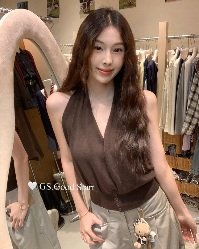 GS.GOOD START Halter V-Neck Backless Knit Tank (Wool Blend)