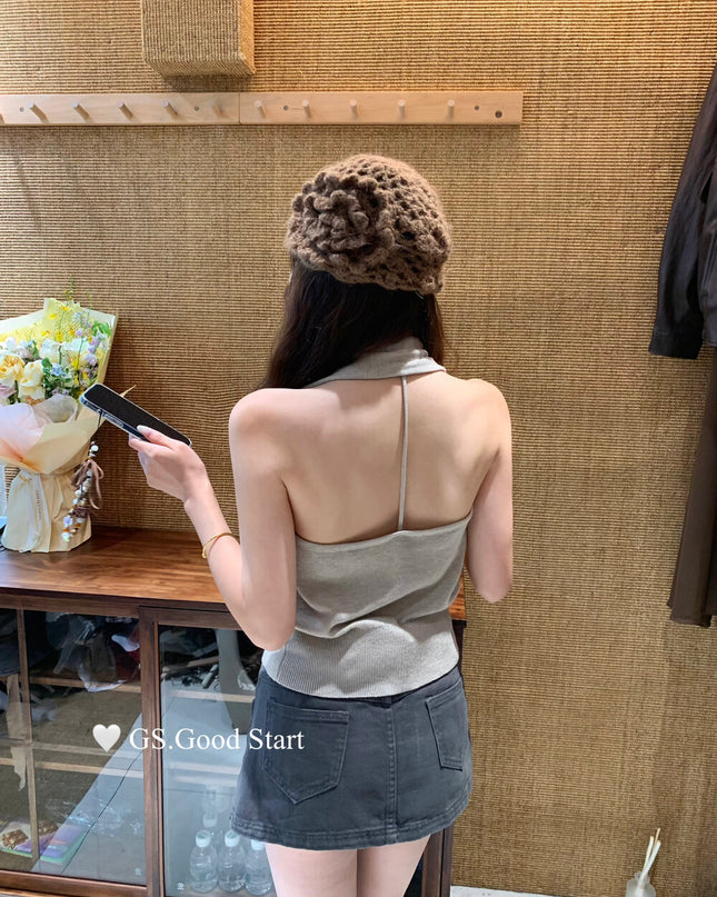 GS.GOOD START Halter V-Neck Backless Knit Tank (Wool Blend)