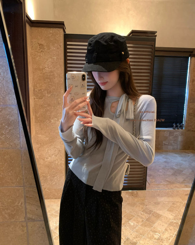 AS OFFICIAL Cutout Bow Tie Knit Top (Wool Blend)