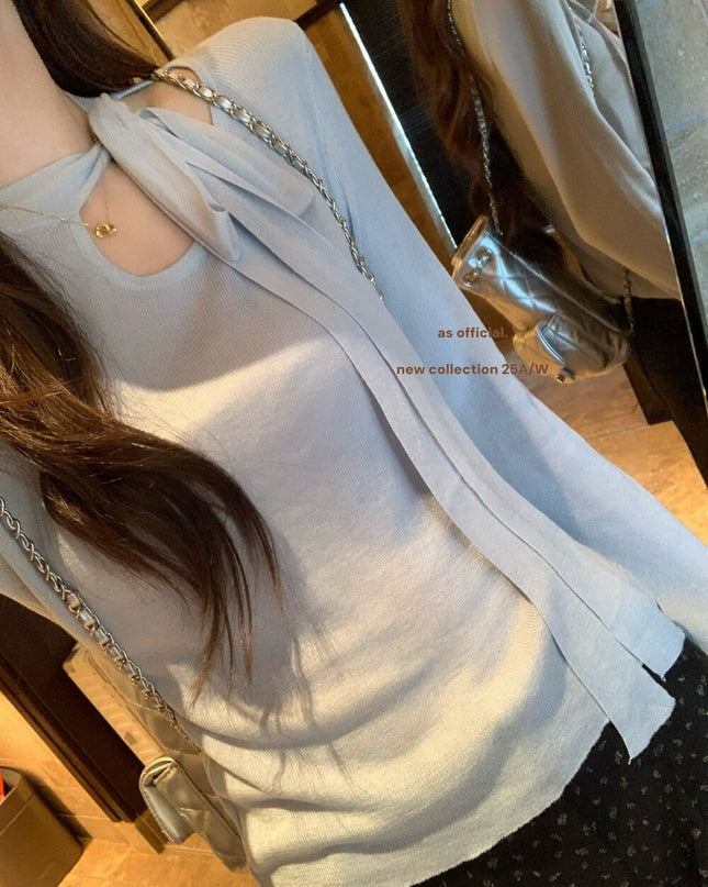 AS OFFICIAL Cutout Bow Tie Knit Top (Wool Blend)