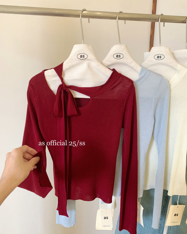 AS OFFICIAL Cutout Bow Tie Knit Top (Wool Blend)