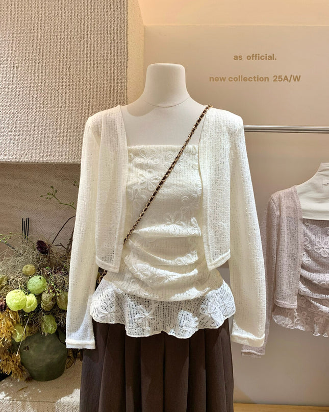AS OFFICIAL Lace Pleated Bustier + Jacquard Embroidered Cardigan Set