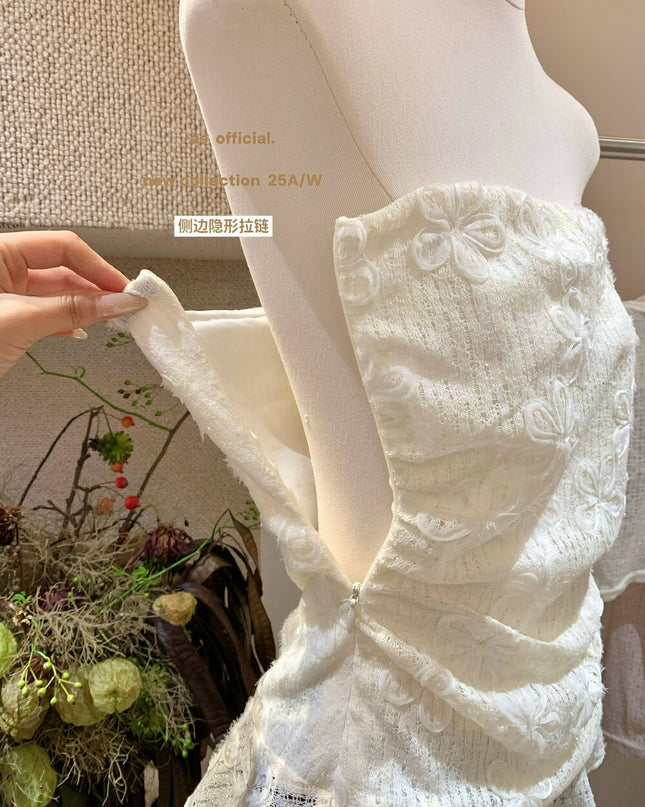 AS OFFICIAL Lace Pleated Bustier + Jacquard Embroidered Cardigan Set