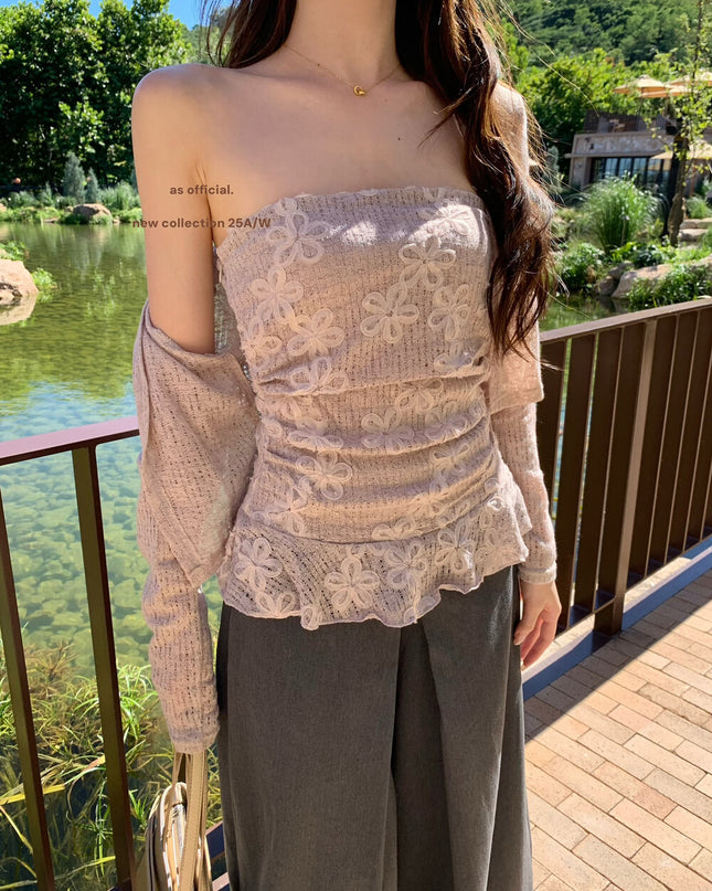 AS OFFICIAL Lace Pleated Bustier + Jacquard Embroidered Cardigan Set